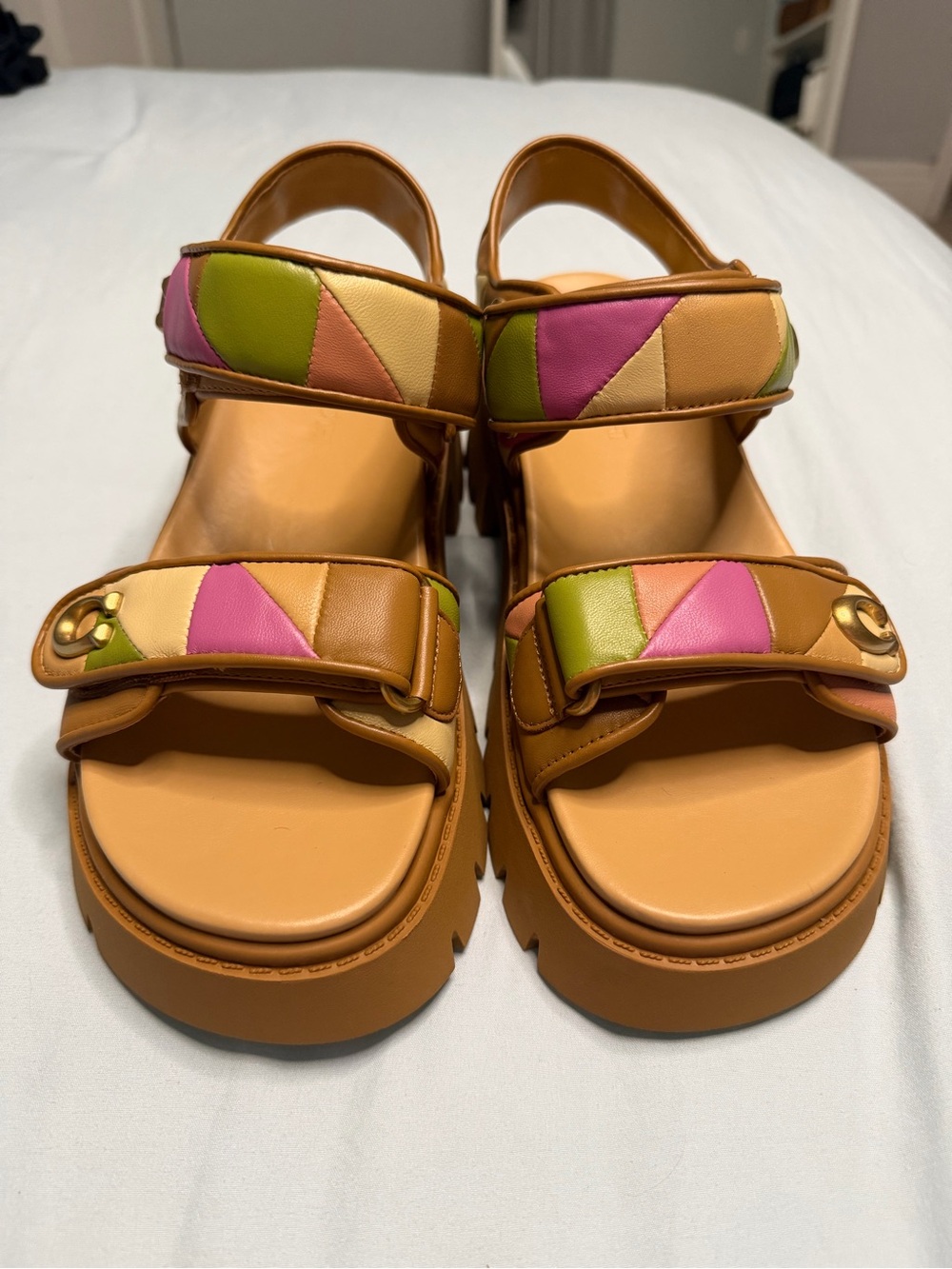 NWOT Coach Tan Platform Sandals with Pink & Green Patchwork Accents